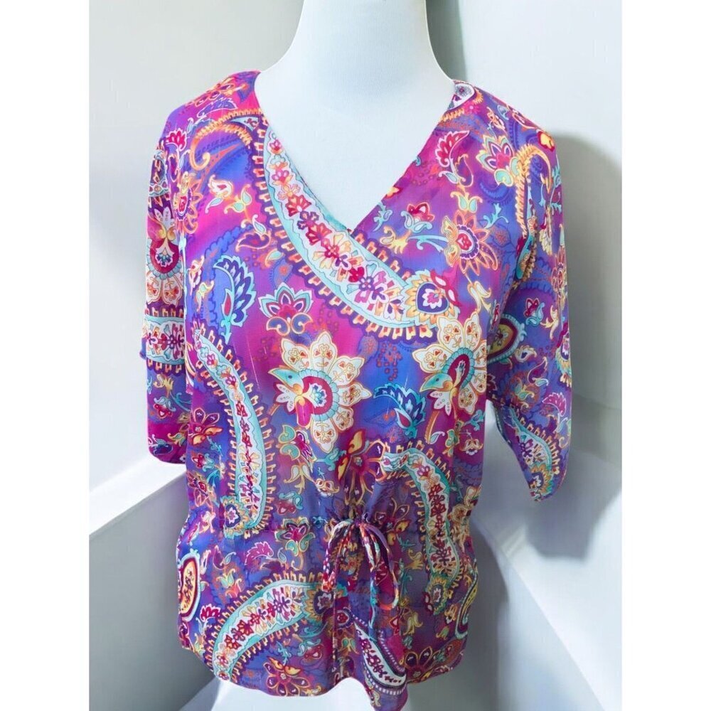 Vintage Ralph Lauren Chaps Petite Womens Paisley Wrap Top Quarter Sleeve Size PM